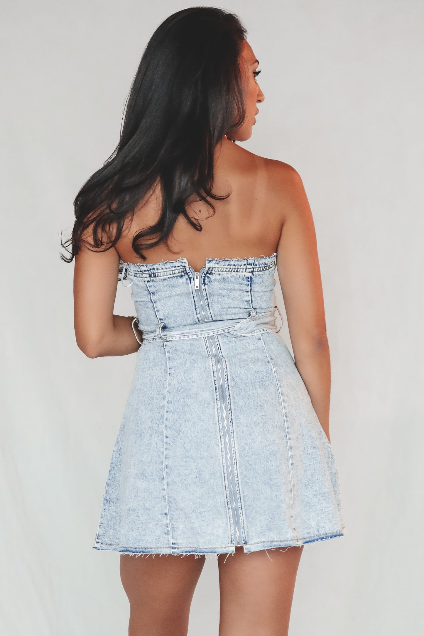 She Went Out Last Night Denim Strapless Dress